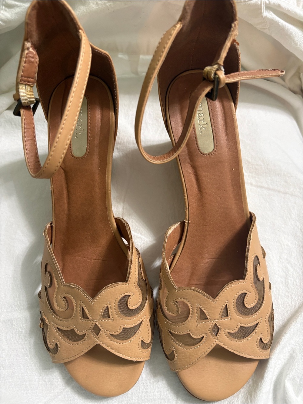 Mark. Tan Scalloped Cutout Ankle-Strap Peep-Toe Wedges
